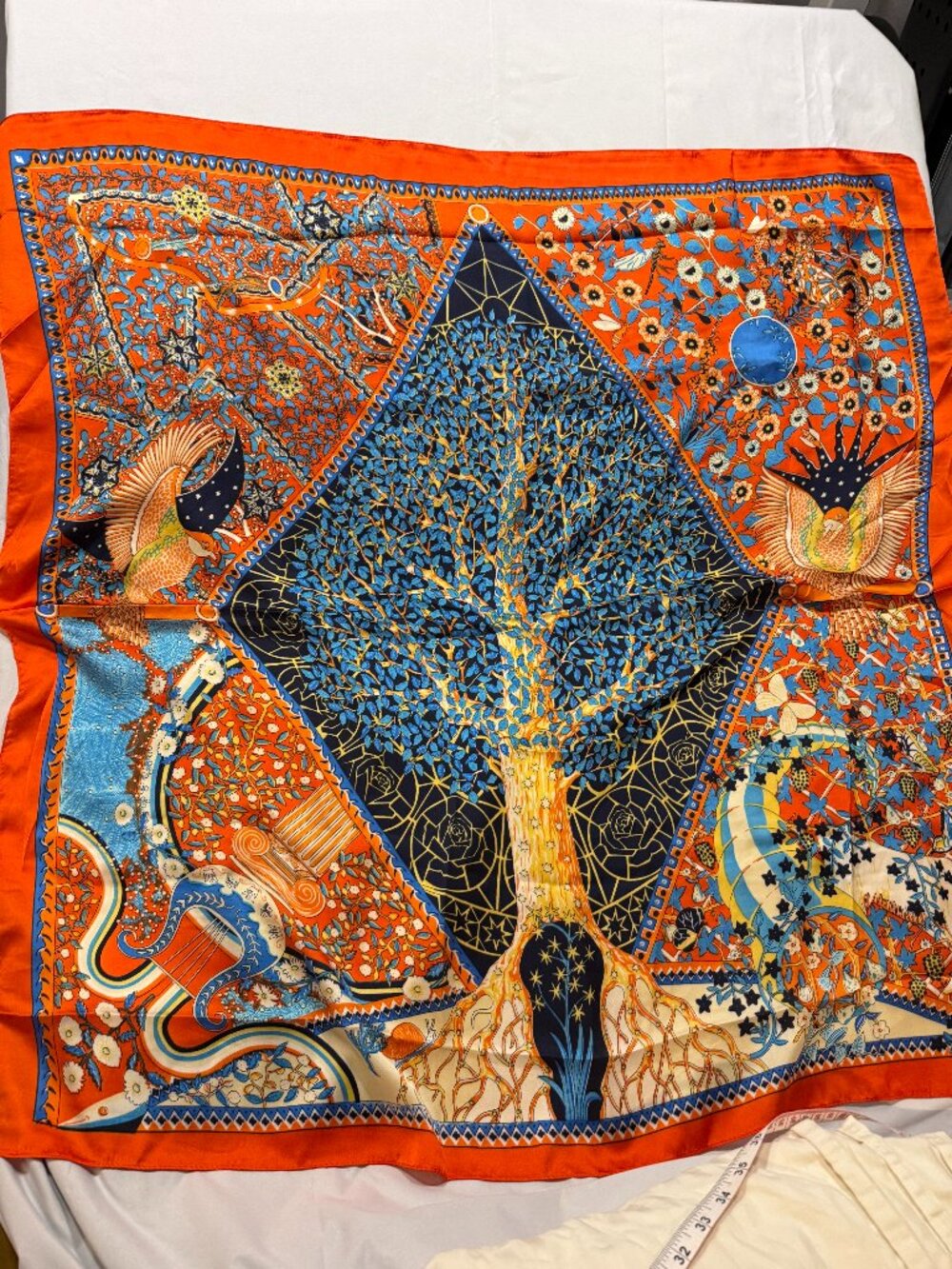 IM Tree Scarf 100% Silk Feeling Polyester Scarf Orange Blue White 35"x35"